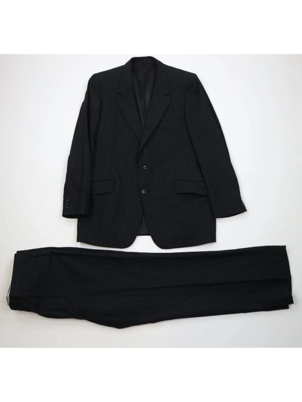Vintage 70s Mens 42R 2 Piece Wool Suit Striped Wedding Black Wide Leg 38x31 USA